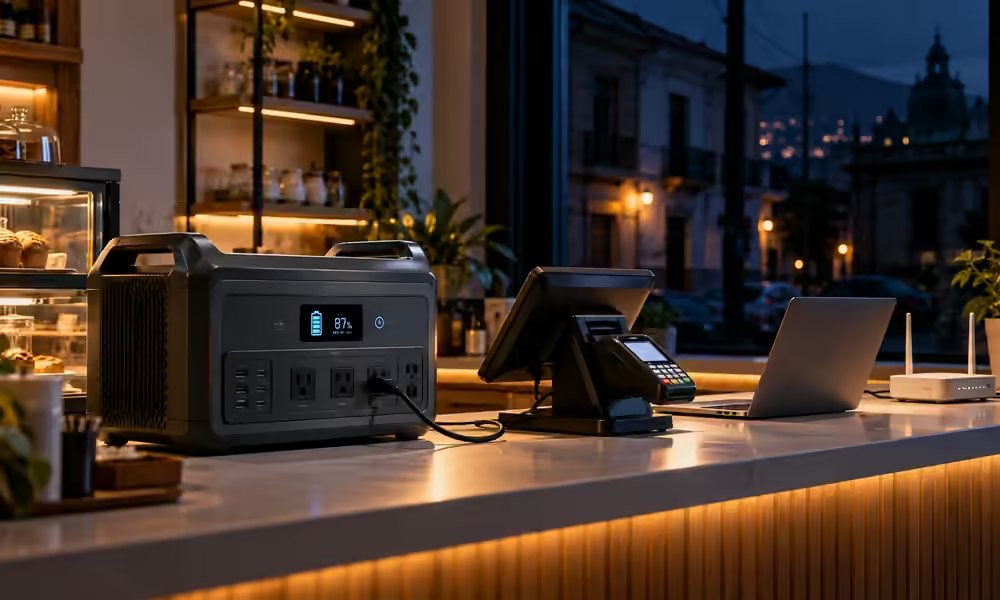 Estación de energía portátil alimentando la caja, el datáfono, una laptop y el router de una cafetería durante un corte de luz