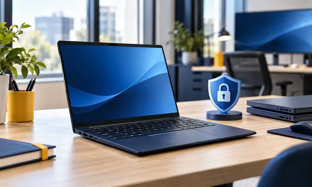 Laptop moderna sobre un escritorio de oficina junto a un escudo con candado que representa la seguridad de los equipos de la empresa