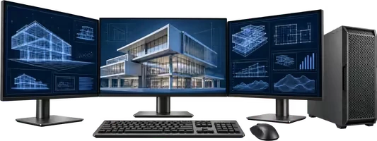Estación de trabajo con tres monitores