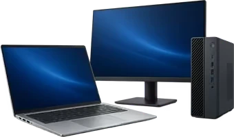 Laptop, monitor y computadora de escritorio compacta