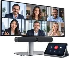 Pantalla con videollamada, barra de cámara y panel de control