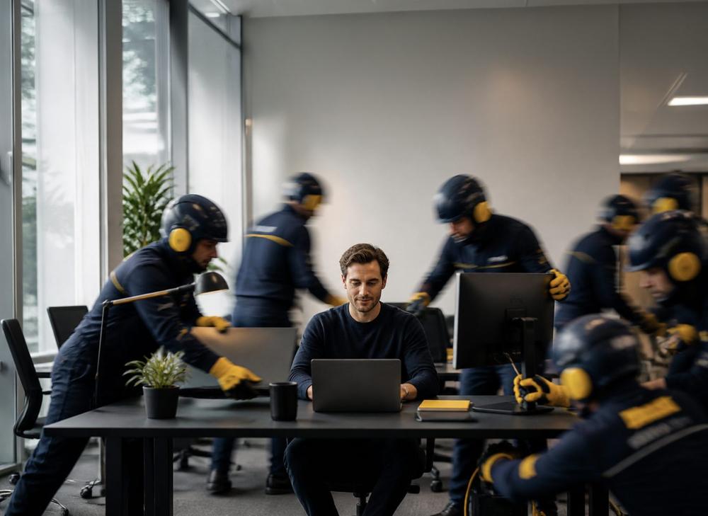 Una persona trabaja tranquila en su laptop mientras un equipo de boxes, con cascos y guantes, se ocupa de todo a su alrededor