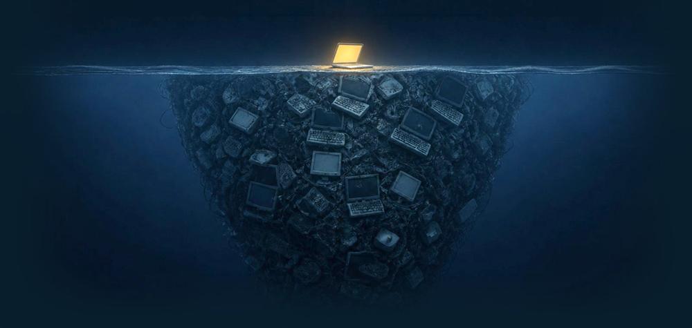 Una laptop encendida flota sobre el agua; debajo, una masa enorme de equipos viejos, como un iceberg