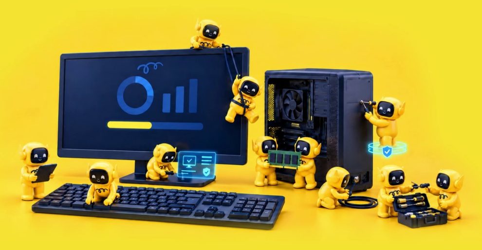 Un equipo de Loopys arregla una computadora: cambian memoria, revisan el monitor y aseguran la torre